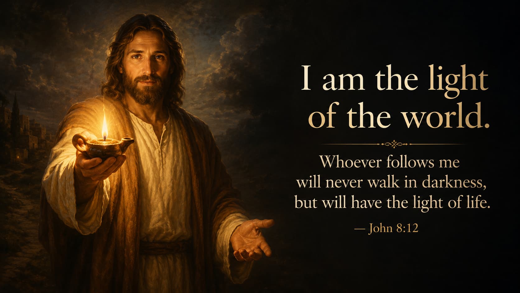 Jesus holding out a glowing lamp beside the words: I am the light of the world. Whoever follows me will never walk in darkness, but will have the light of life. John 8:12.
